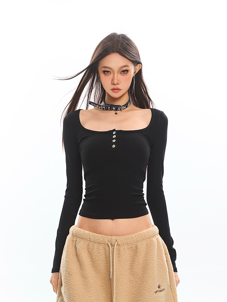 Sweet and Spicy Big U-Neck Slim Fit Long Sleeve T-Shirt for Women, Ribbed Top, New Autumn Winter Style, Y2K Fashion