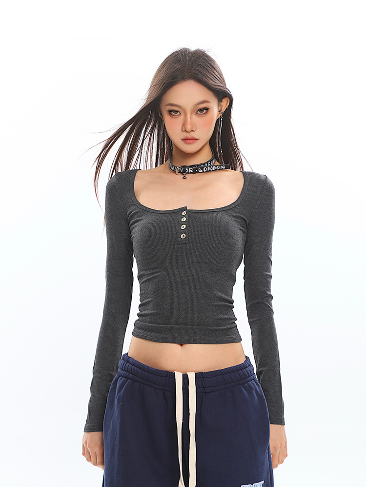 Sweet and Spicy Big U-Neck Slim Fit Long Sleeve T-Shirt for Women, Ribbed Top, New Autumn Winter Style, Y2K Fashion Sweet and Spicy Big U-Neck Slim Fit Long Sleeve T-Shirt for Women, Ribbed Top, New Autumn Winter Style, Y2K Fashion