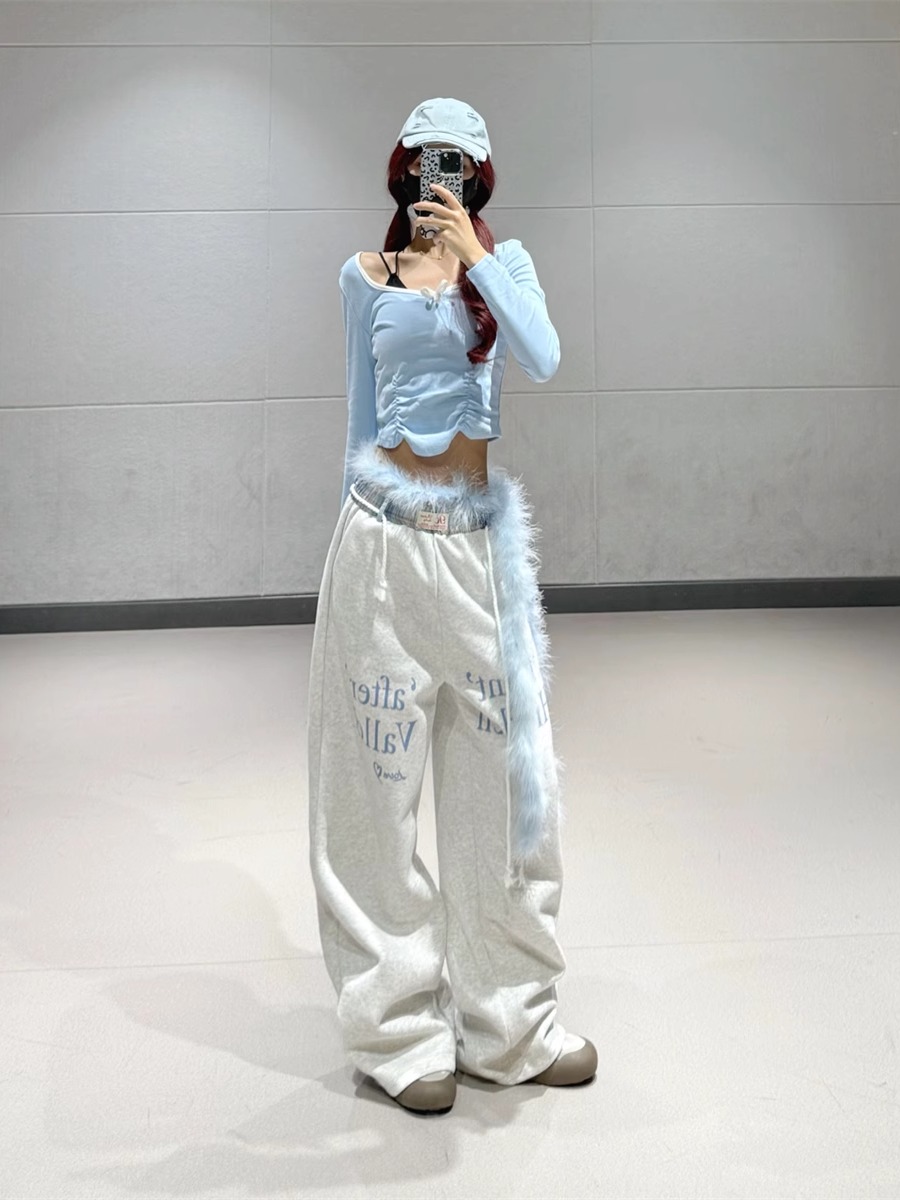 Sweet and Spicy Blue Square Collar Pleated Short Top with Spliced Letter Sports Pants - Trendy Dance Outfit for Girls Sweet and Spicy Blue Square Collar Pleated Short Top with Spliced Letter Sports Pants - Trendy Dance Outfit for Girls
