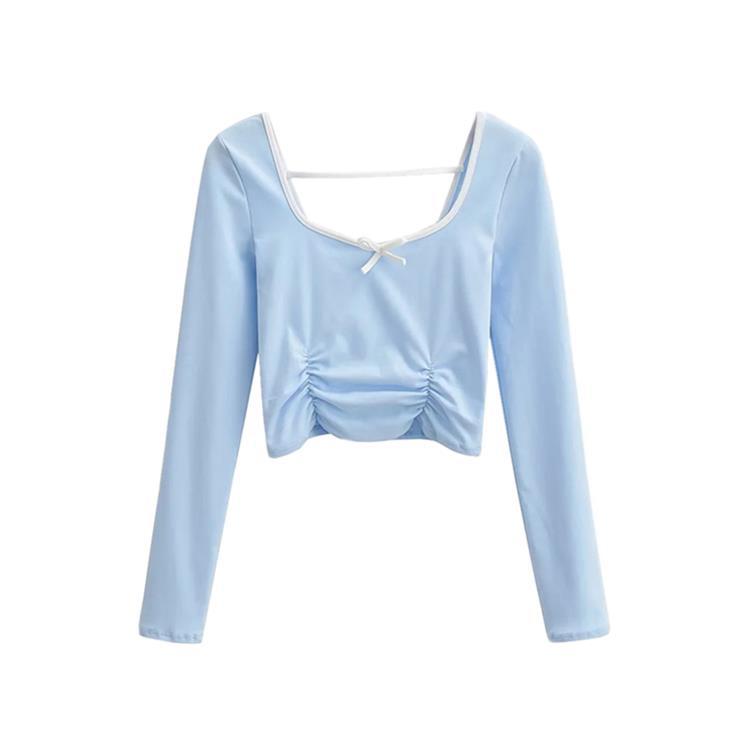 Sweet and Spicy Blue Square Collar Pleated Short Top with Spliced Letter Sports Pants - Trendy Dance Outfit for Girls Sweet and Spicy Blue Square Collar Pleated Short Top with Spliced Letter Sports Pants - Trendy Dance Outfit for Girls