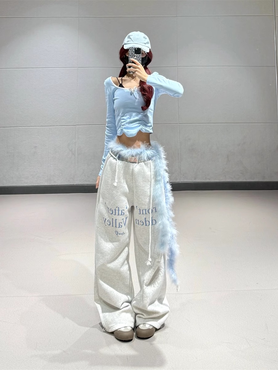 Sweet and Spicy Blue Square Collar Pleated Short Top with Spliced Letter Sports Pants - Trendy Dance Outfit for Girls