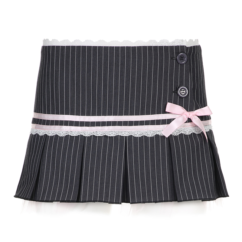 Sweet and Spicy Bow Design Pleated Mini Skirt for Women - Low Waist Striped A-Line Skirt, Y2K Style, Chic and Trendy