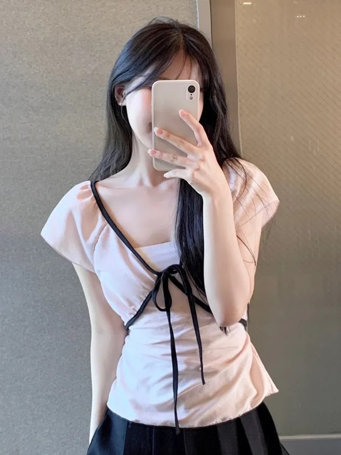 Sweet and Spicy Girl Style Lace-Up Low V-Neck Pink T-Shirt for Women with Ruffled Waist and Wide Sleeves - Trendy Slim Fit Top Sweet and Spicy Girl Style Lace-Up Low V-Neck Pink T-Shirt for Women with Ruffled Waist and Wide Sleeves - Trendy Slim Fit Top