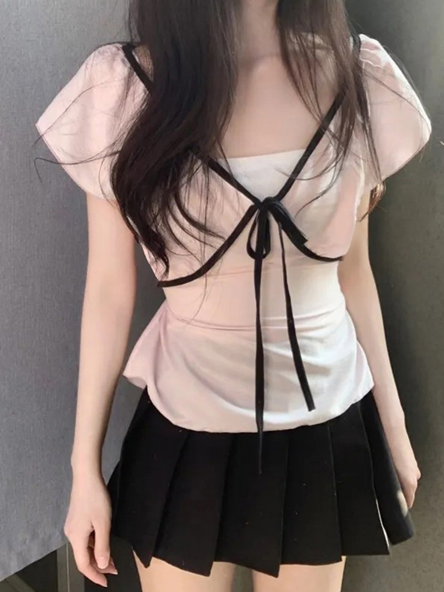 Sweet and Spicy Girl Style Lace-Up Low V-Neck Pink T-Shirt for Women with Ruffled Waist and Wide Sleeves - Trendy Slim Fit Top Sweet and Spicy Girl Style Lace-Up Low V-Neck Pink T-Shirt for Women with Ruffled Waist and Wide Sleeves - Trendy Slim Fit Top