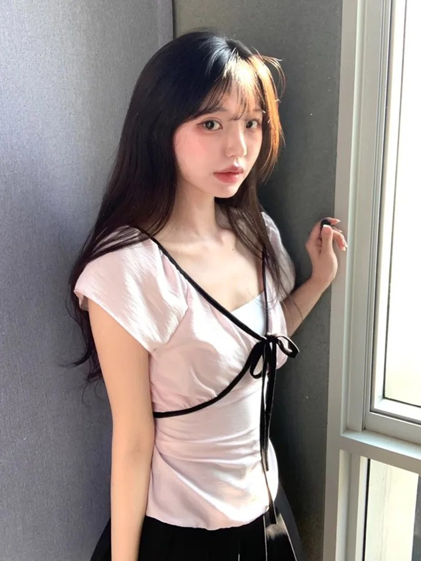 Sweet and Spicy Girl Style Lace-Up Low V-Neck Pink T-Shirt for Women with Ruffled Waist and Wide Sleeves - Trendy Slim Fit Top Sweet and Spicy Girl Style Lace-Up Low V-Neck Pink T-Shirt for Women with Ruffled Waist and Wide Sleeves - Trendy Slim Fit Top