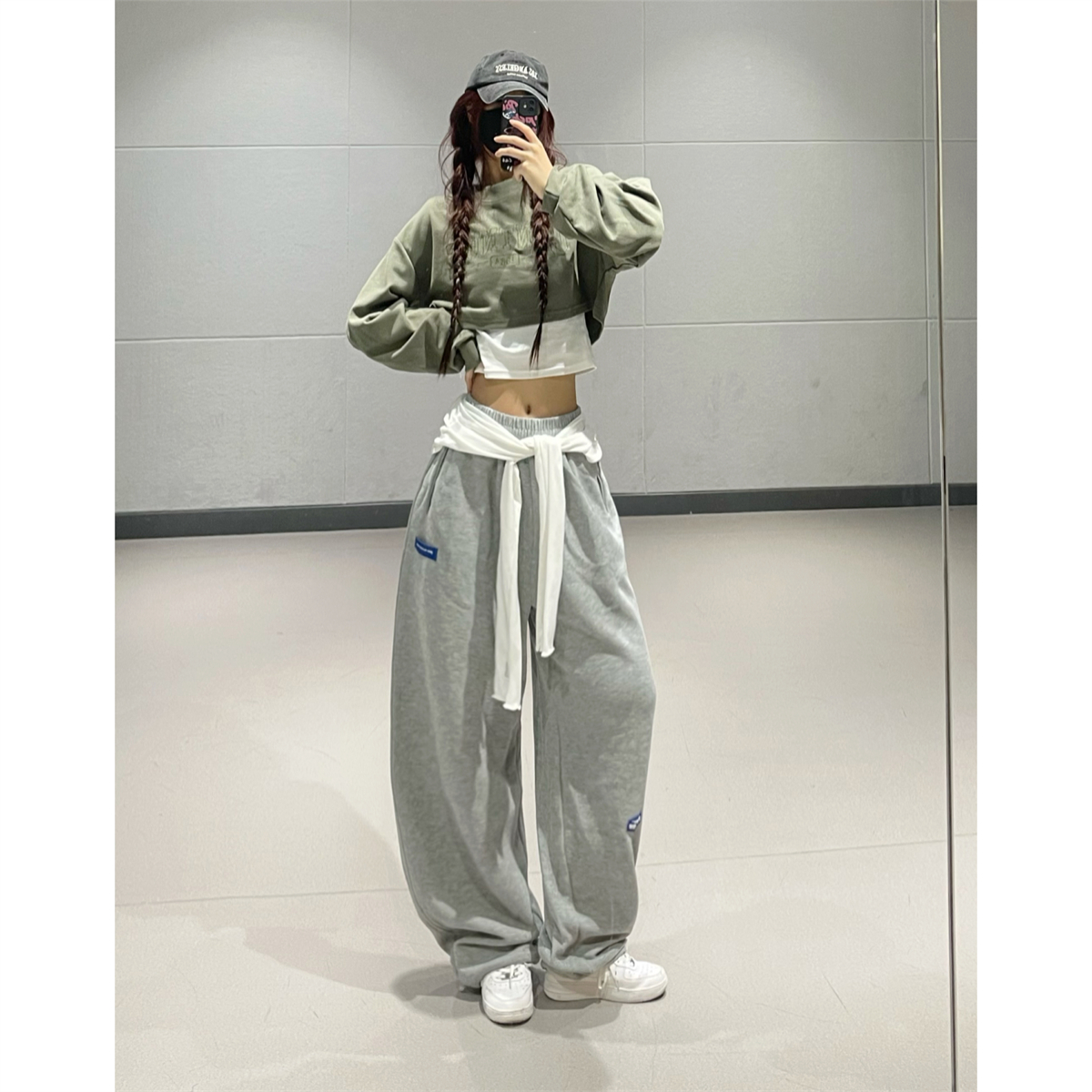 Sweet and Spicy Jazz Top American Style Green Short Sweatshirt Two-Piece Set with Women's Camisole Inner Layer