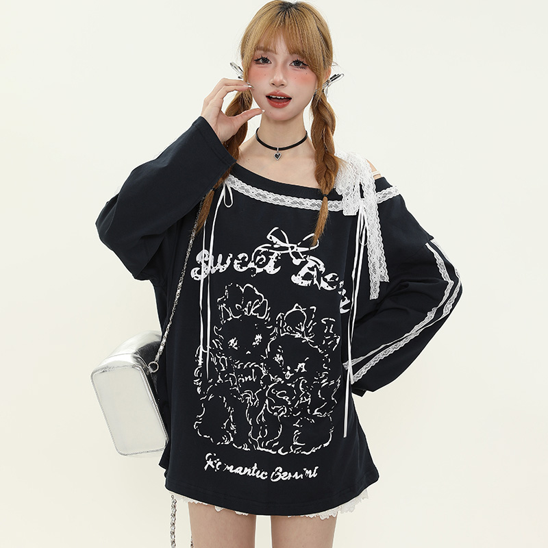 Sweet and Spicy Lace Splicing Printed Long Sleeve Off-Shoulder T-Shirt for Women - Trendy Spring Loose Fit American Style