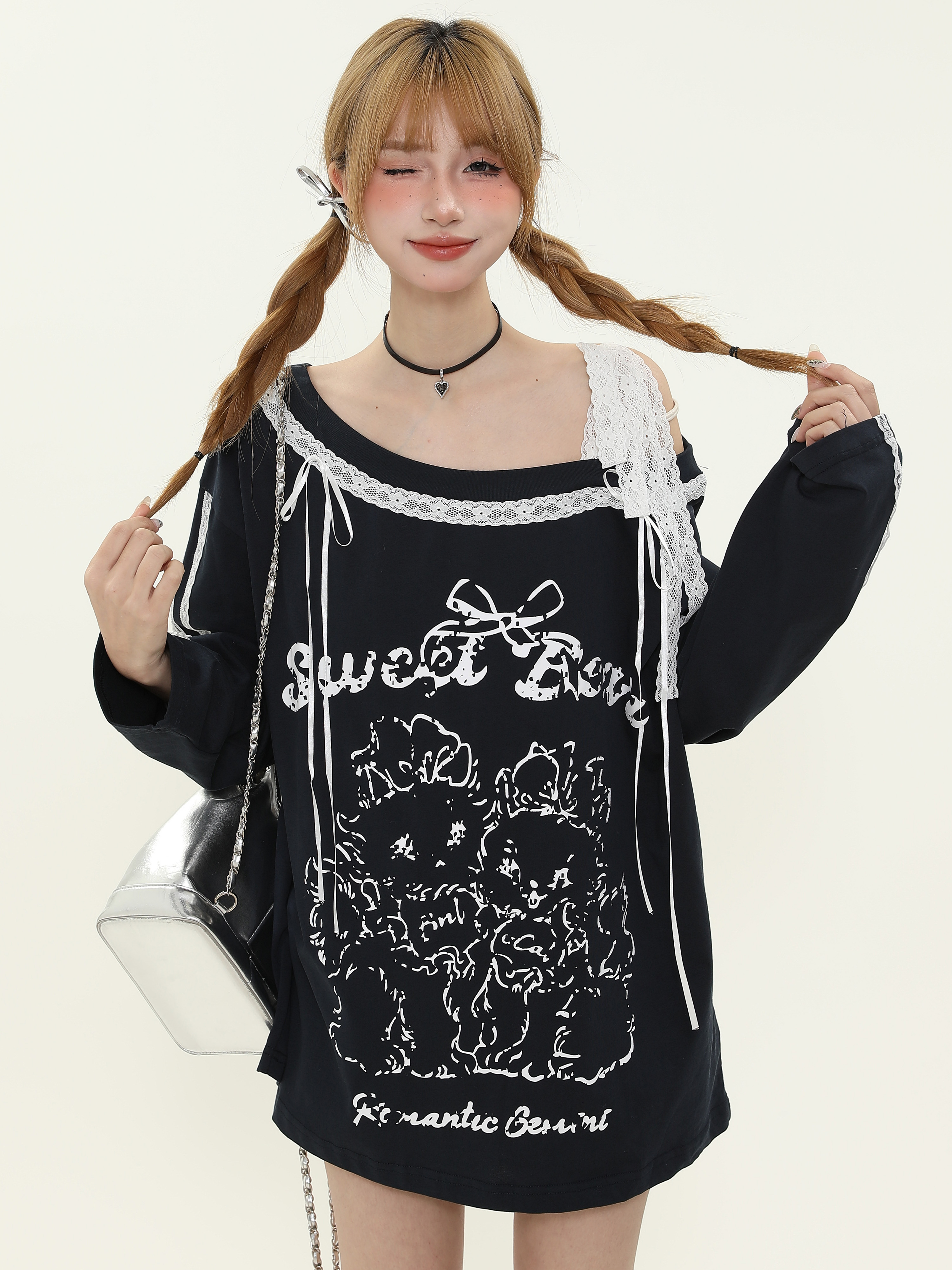 Sweet and Spicy Lace Splicing Printed Long Sleeve Off-Shoulder T-Shirt for Women - Trendy Spring Loose Fit American Style