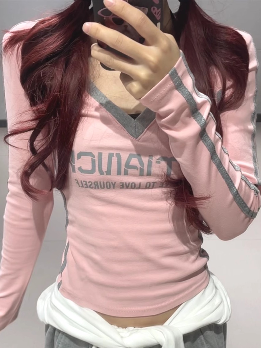 Sweet and Spicy Pink V-Neck Long Sleeve Color-Block T-Shirt for Women - Tight Fit Sports Jersey for Jazz Dance Sweet and Spicy Pink V-Neck Long Sleeve Color-Block T-Shirt for Women - Tight Fit Sports Jersey for Jazz Dance