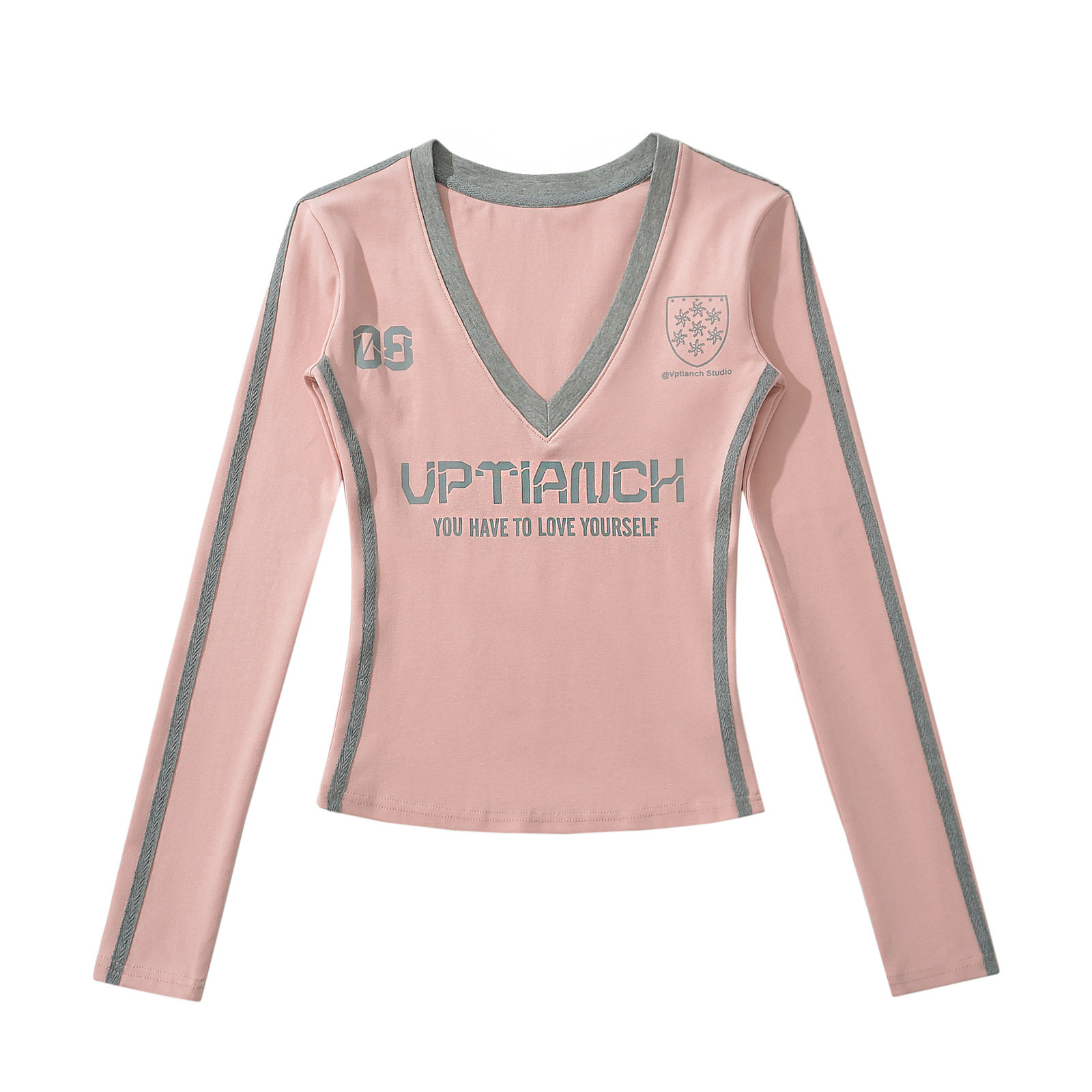 Sweet and Spicy Pink V-Neck Long Sleeve Color-Block T-Shirt for Women - Tight Fit Sports Jersey for Jazz Dance