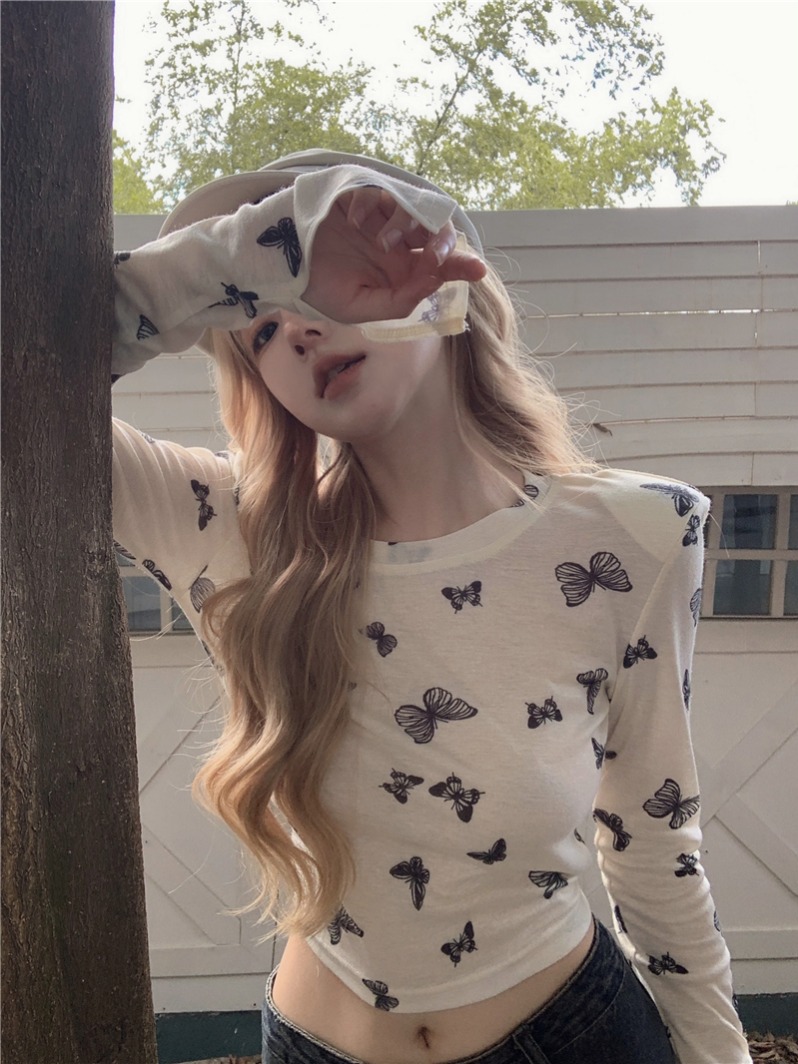 Sweet and Spicy Printed Slim-Fit Sheer T-Shirt for Women - Cropped Top for Jazz Dancing, Music Festivals, Y2K Style