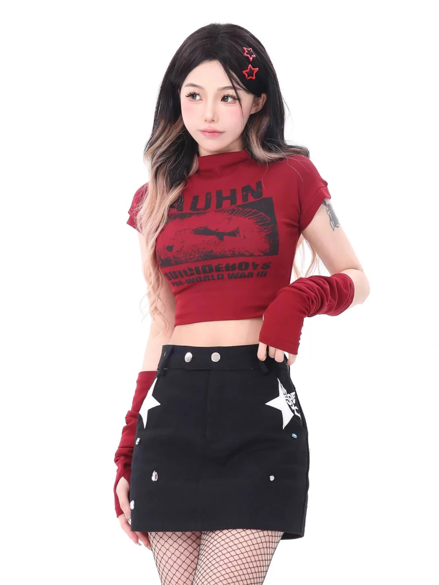 Sweet and Spicy Red Jazz Dance Top for Women - Fitted Sleeve K-pop Style Performance T-shirt Sweet and Spicy Red Jazz Dance Top for Women - Fitted Sleeve K-pop Style Performance T-shirt