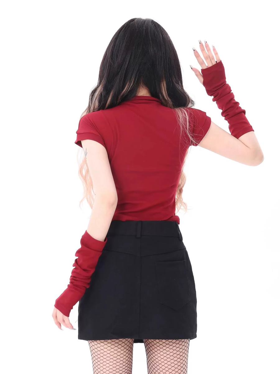 Sweet and Spicy Red Jazz Dance Top for Women - Fitted Sleeve K-pop Style Performance T-shirt Sweet and Spicy Red Jazz Dance Top for Women - Fitted Sleeve K-pop Style Performance T-shirt