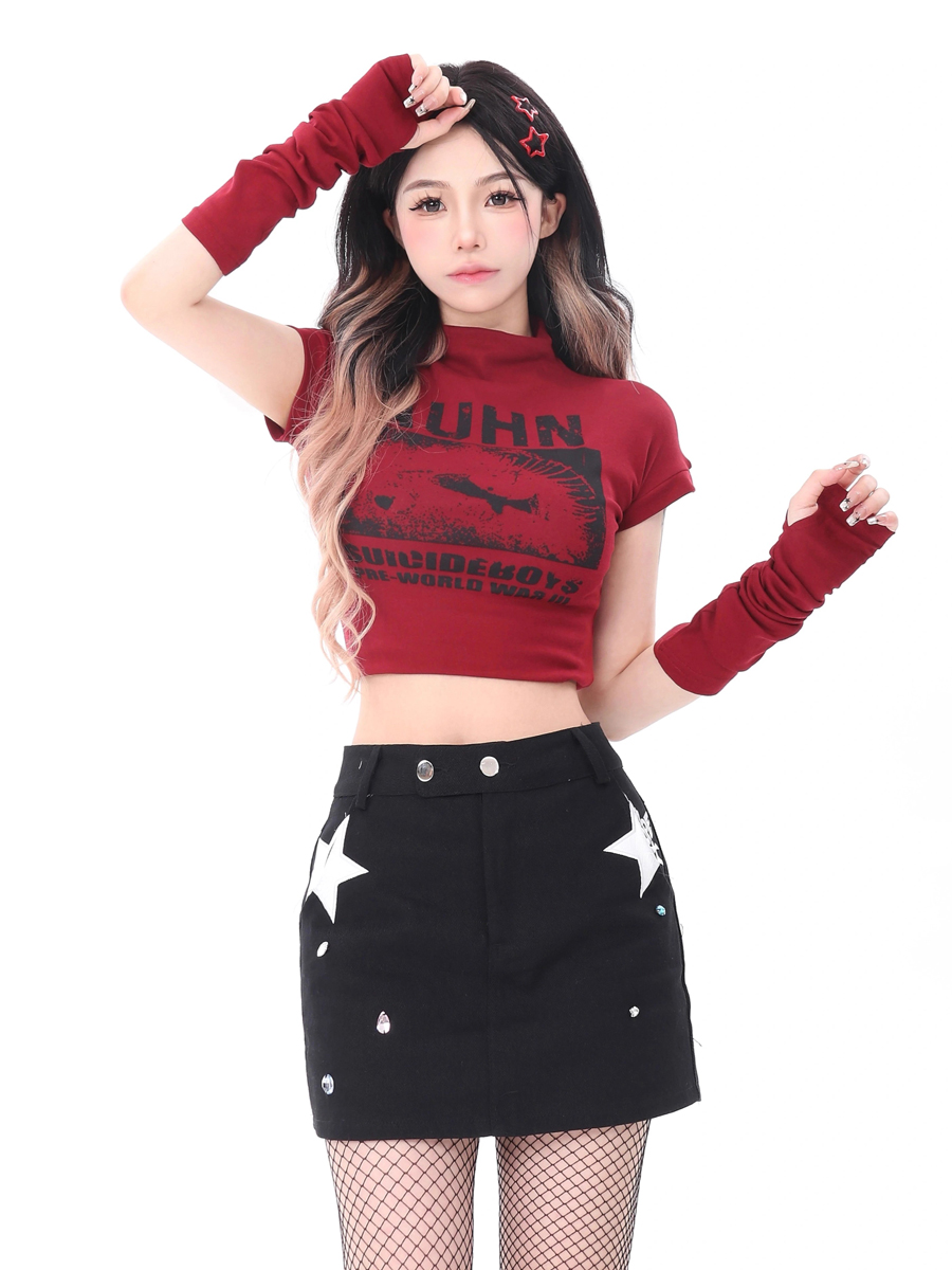 Sweet and Spicy Red Jazz Dance Top for Women - Fitted Sleeve K-pop Style Performance T-shirt