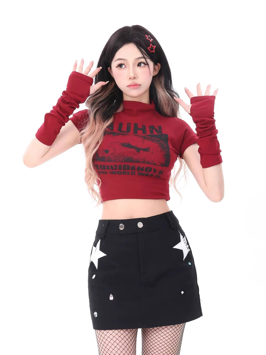 Sweet and Spicy Red Jazz Dance Top for Women - Fitted Sleeve K-pop Style Performance T-shirt Sweet and Spicy Red Jazz Dance Top for Women - Fitted Sleeve K-pop Style Performance T-shirt