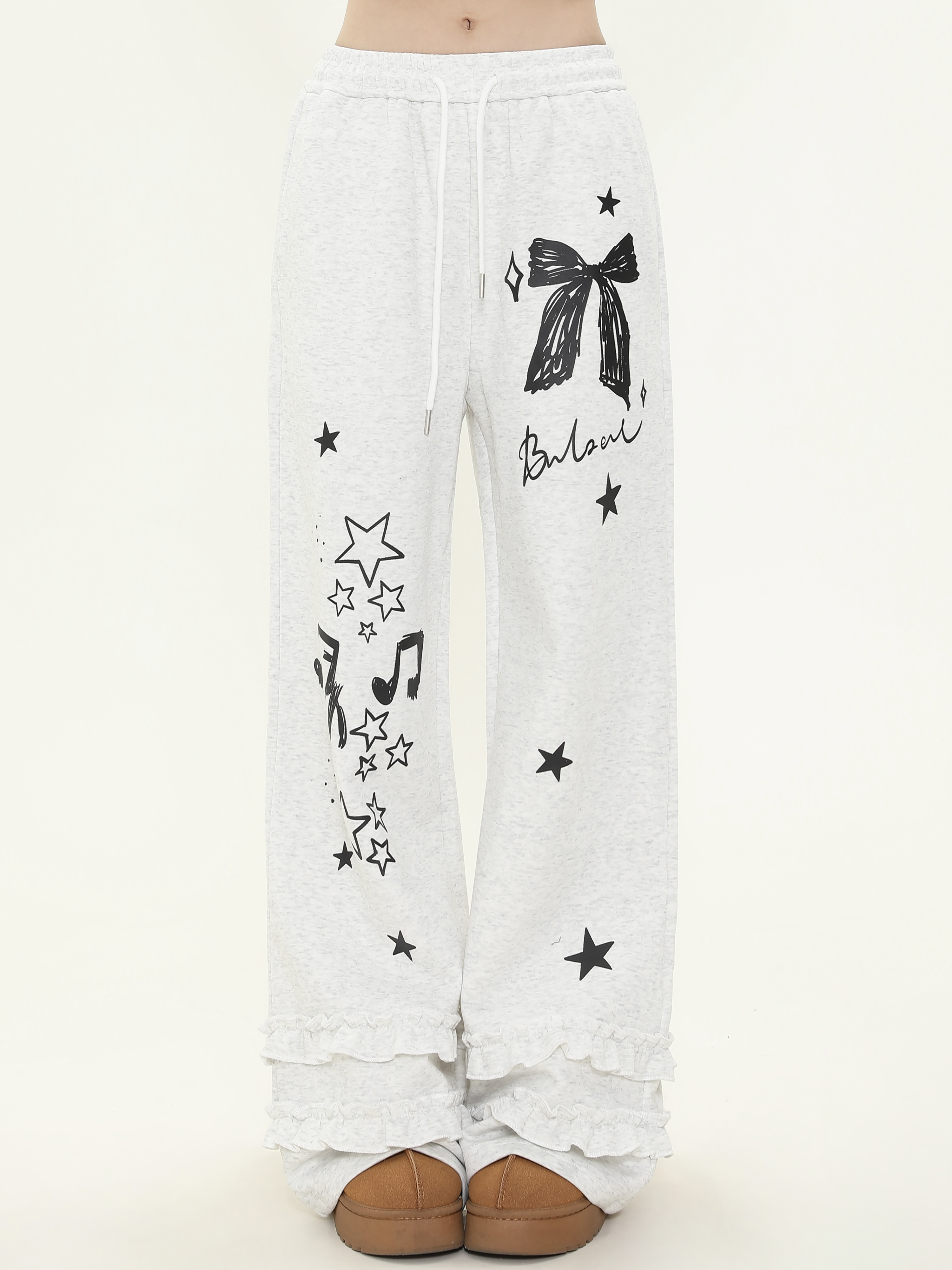 Sweet Bowknot Star Print Wide-Leg Casual Pants for Women - Spring Versatile Loose Sports Sweatpants
