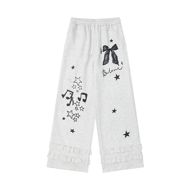 Sweet Bowknot Star Print Wide-Leg Casual Pants for Women - Spring Versatile Loose Sports Sweatpants
