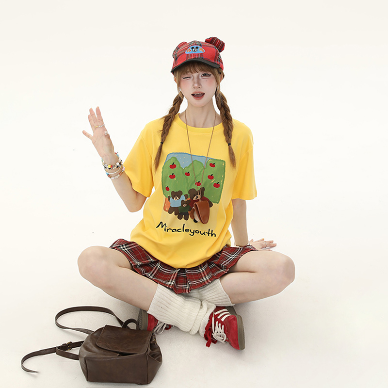 Sweet Cartoon Bear Printed Short Sleeve T-Shirt for Women - Casual Summer Loose Fit Top, Cute 90s Style