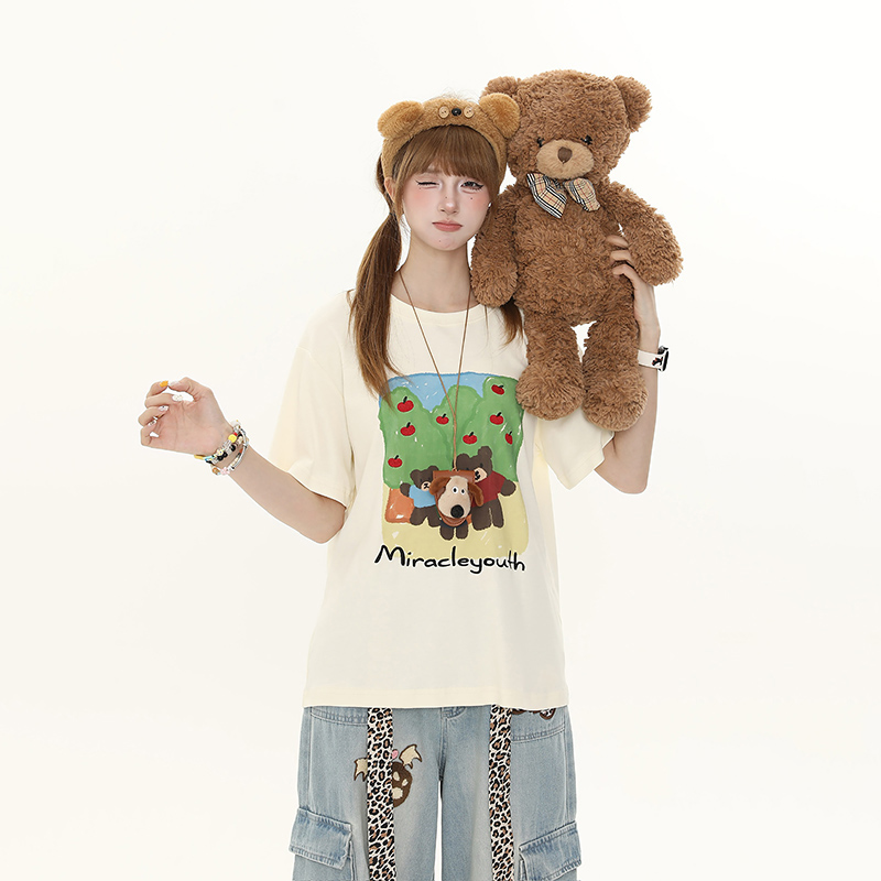Sweet Cartoon Bear Printed Short Sleeve T-Shirt for Women - Casual Summer Loose Fit Top, Cute 90s Style Sweet Cartoon Bear Printed Short Sleeve T-Shirt for Women - Casual Summer Loose Fit Top, Cute 90s Style