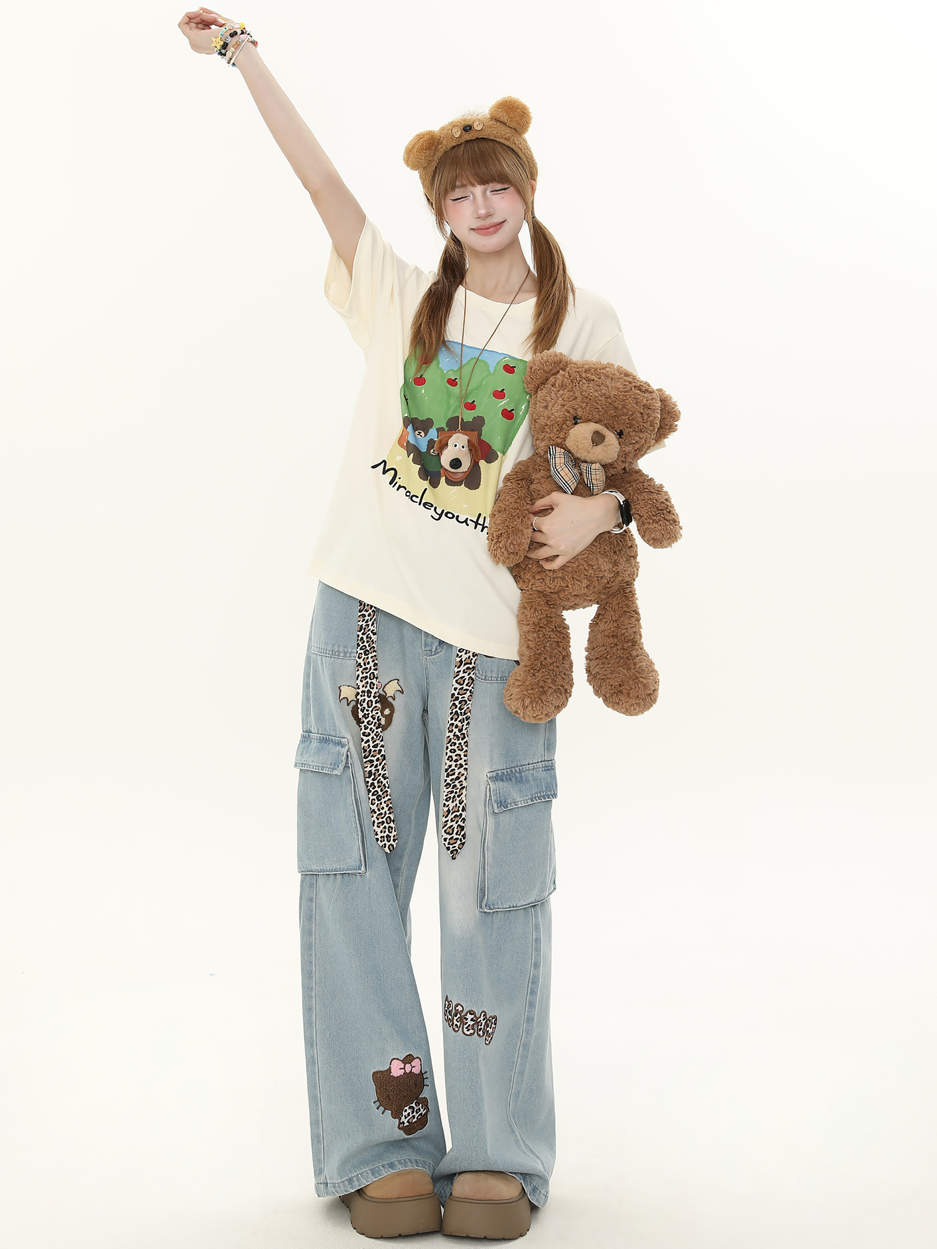 Sweet Cartoon Bear Printed Short Sleeve T-Shirt for Women - Casual Summer Loose Fit Top, Cute 90s Style Sweet Cartoon Bear Printed Short Sleeve T-Shirt for Women - Casual Summer Loose Fit Top, Cute 90s Style