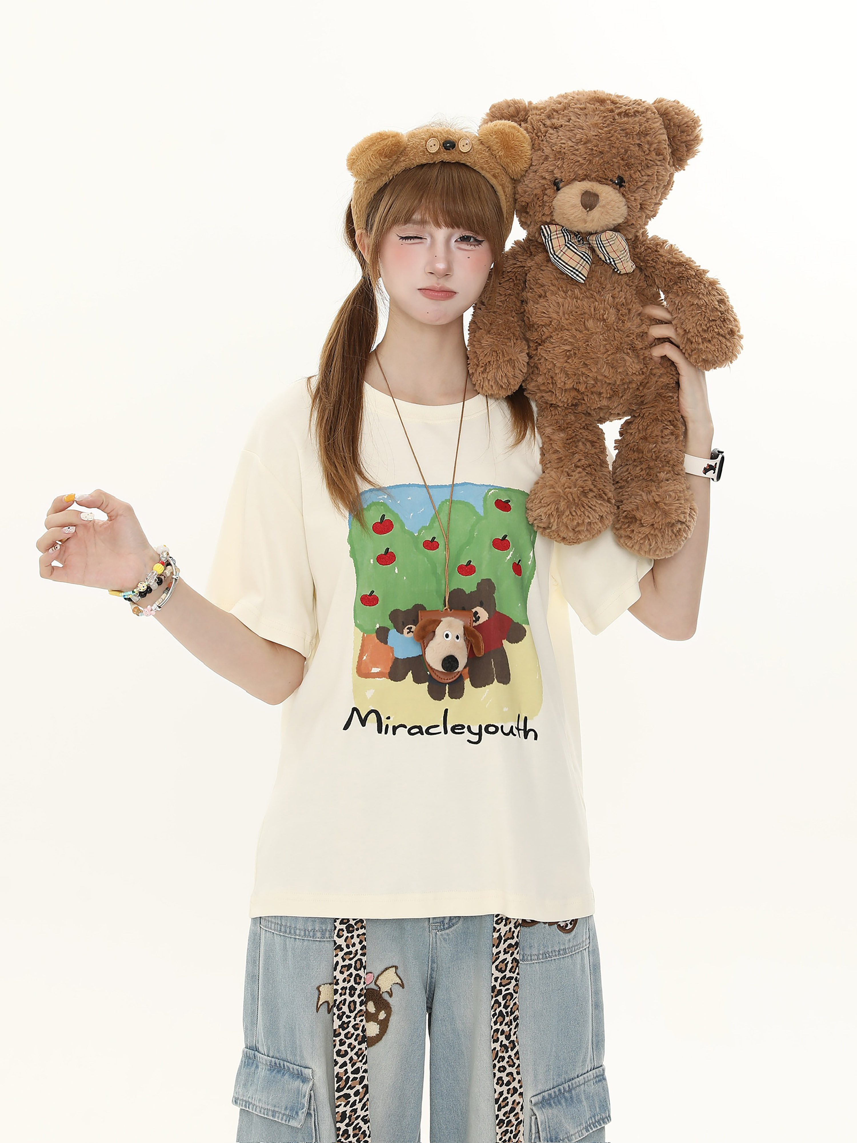 Sweet Cartoon Bear Printed Short Sleeve T-Shirt for Women - Casual Summer Loose Fit Top, Cute 90s Style Sweet Cartoon Bear Printed Short Sleeve T-Shirt for Women - Casual Summer Loose Fit Top, Cute 90s Style