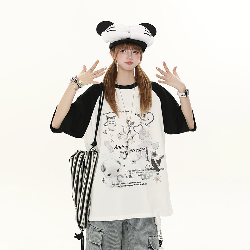 Sweet Cartoon Design Short Sleeve T-Shirt for Women - Summer Loose Fit Casual Top