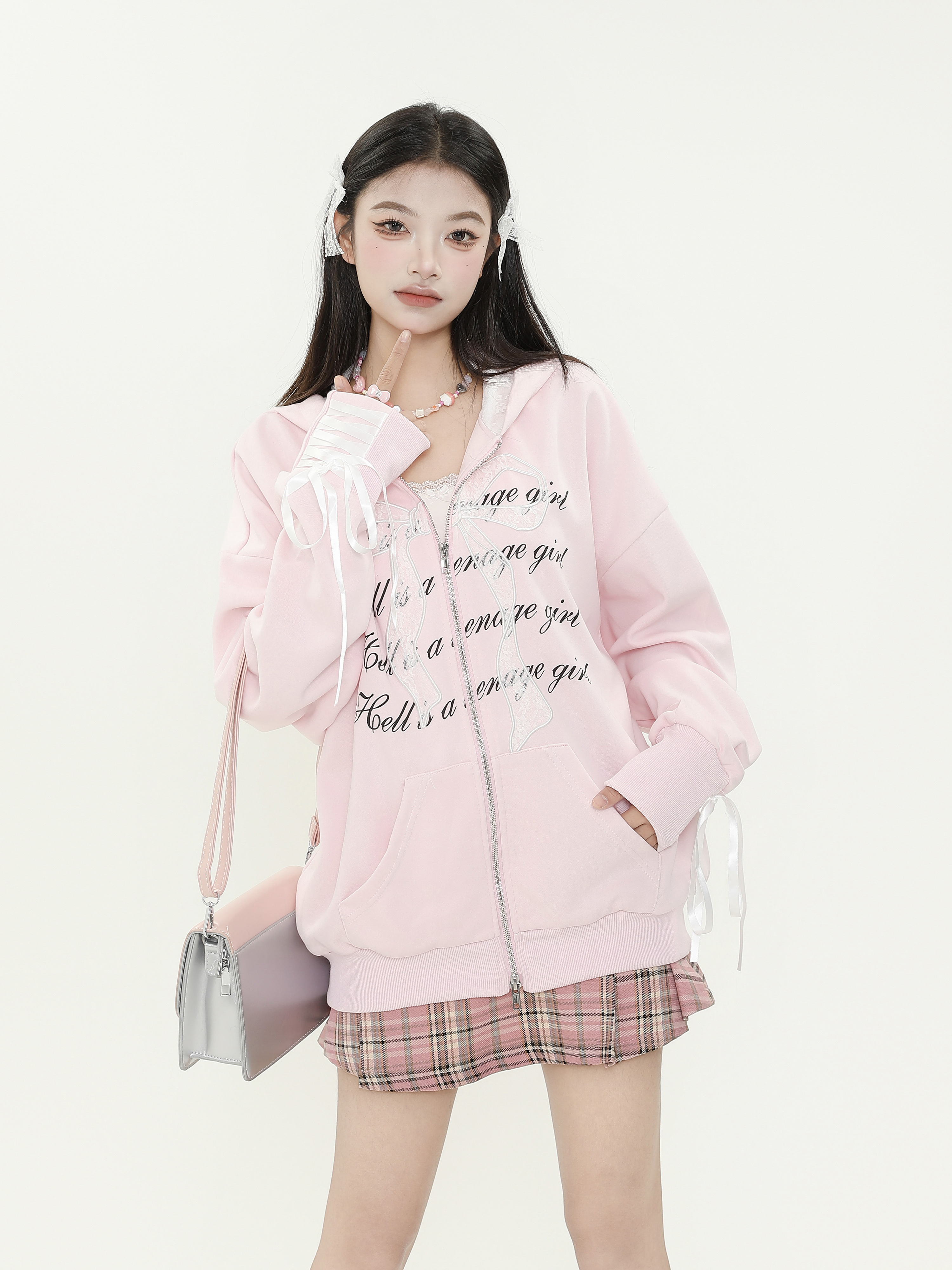 Sweet Cool Girl Lace Bow Tie Cardigan Hoodie - Loose Zipper Jacket for Autumn Winter, Casual Chic Layering, Y2K Style