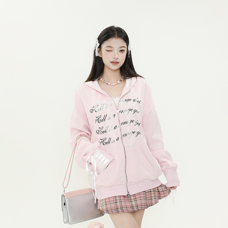 Sweet Cool Girl Lace Bow Tie Cardigan Hoodie - Loose Zipper Jacket for Autumn Winter, Casual Chic Layering, Y2K Style