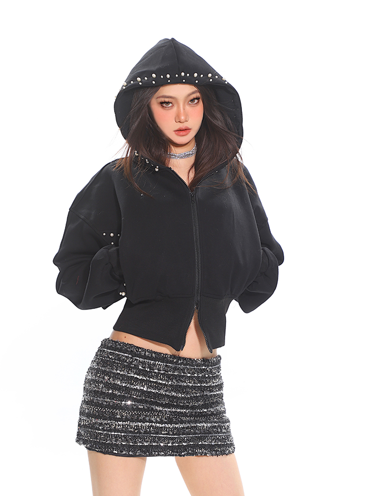 Sweet Cool Pearl Zipper Hooded Short Sweatshirt for Women - Slim Fit Autumn Winter Sports Jacket, Casual 90s Style Activewear