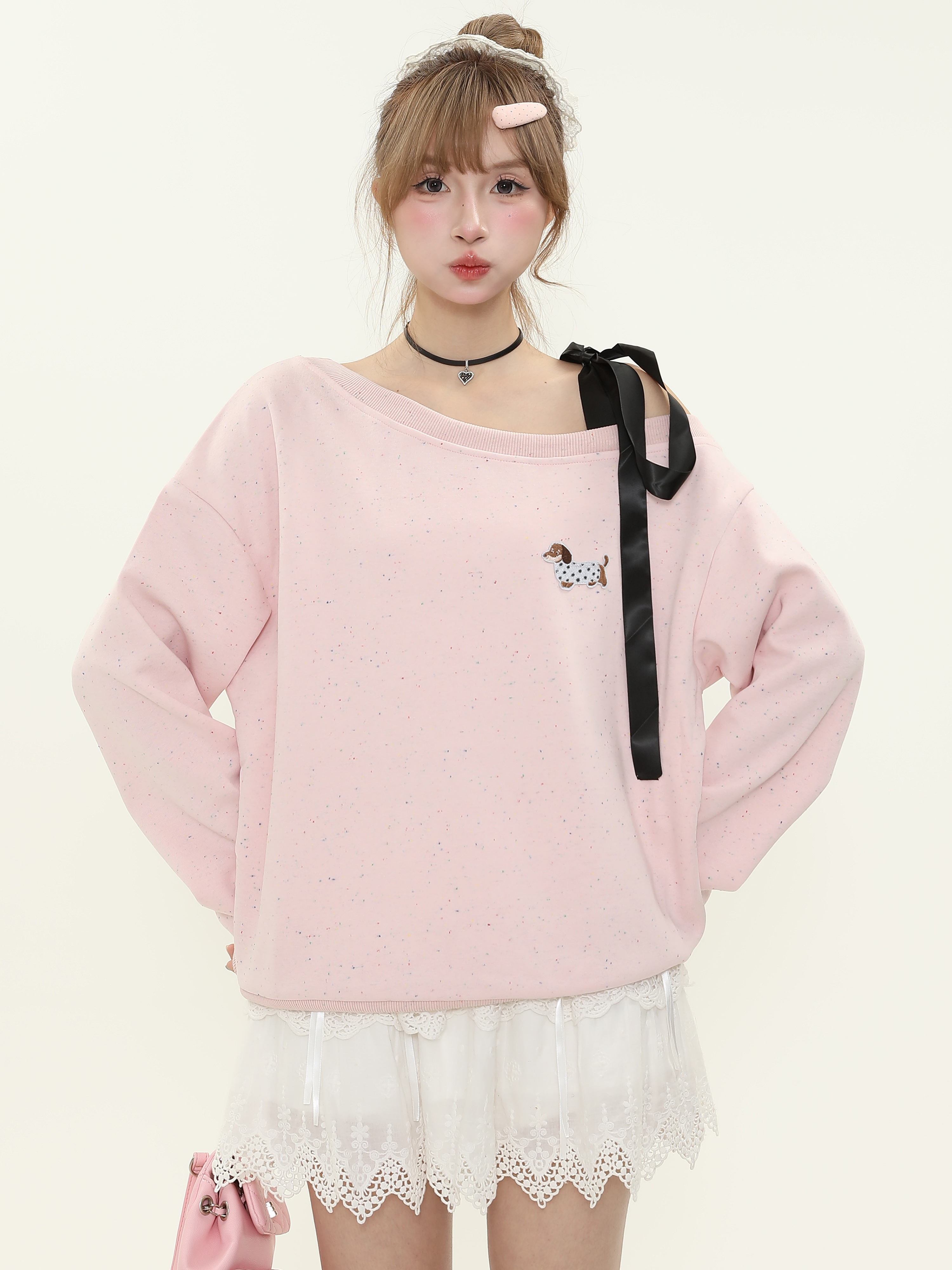 Sweet Cute Dog Embroidered Off-Shoulder Tie Strap Sweatshirt for Women - Loose Pullover Top for Spring and Autumn Casual Style