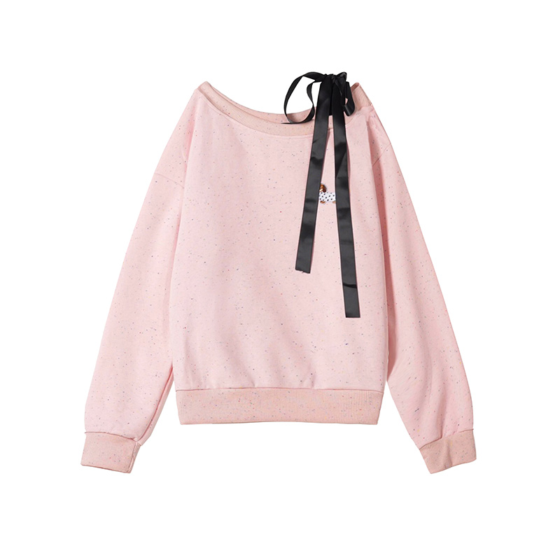 Sweet Cute Dog Embroidered Off-Shoulder Tie Strap Sweatshirt for Women - Loose Pullover Top for Spring and Autumn Casual Style