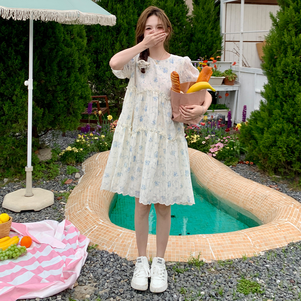 Sweet Floral Chiffon Dress for Women - Summer 2025 Loose Fit Petite Fairy Style with Forest Vibes