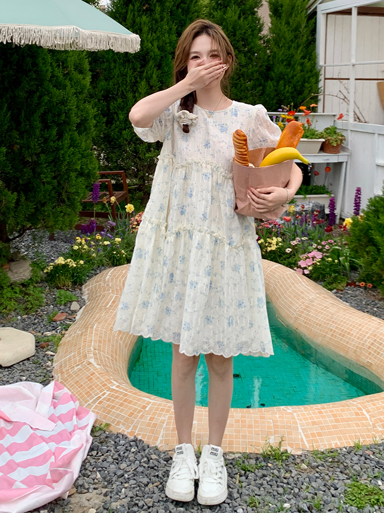 Sweet Floral Chiffon Dress for Women - Summer 2025 Loose Fit Petite Fairy Style with Forest Vibes