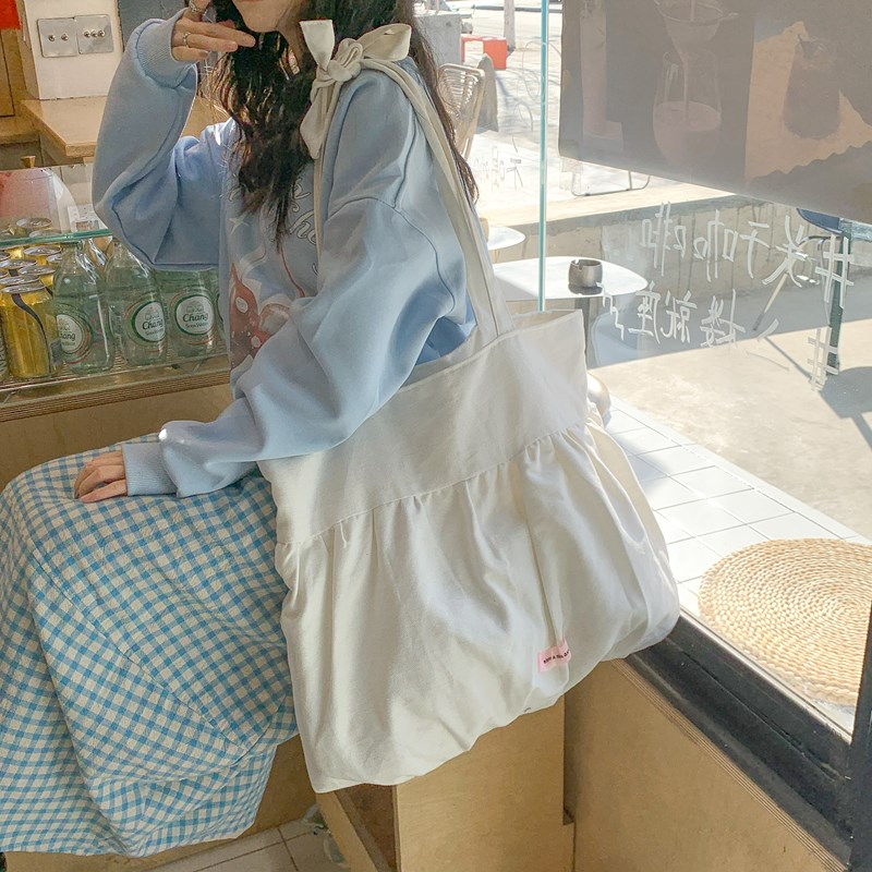 Sweet Girl Ruffled Canvas Tote Bag for Women - 2025 Fairy Style Large Capacity Student Bag, Lazy Aesthetic Design