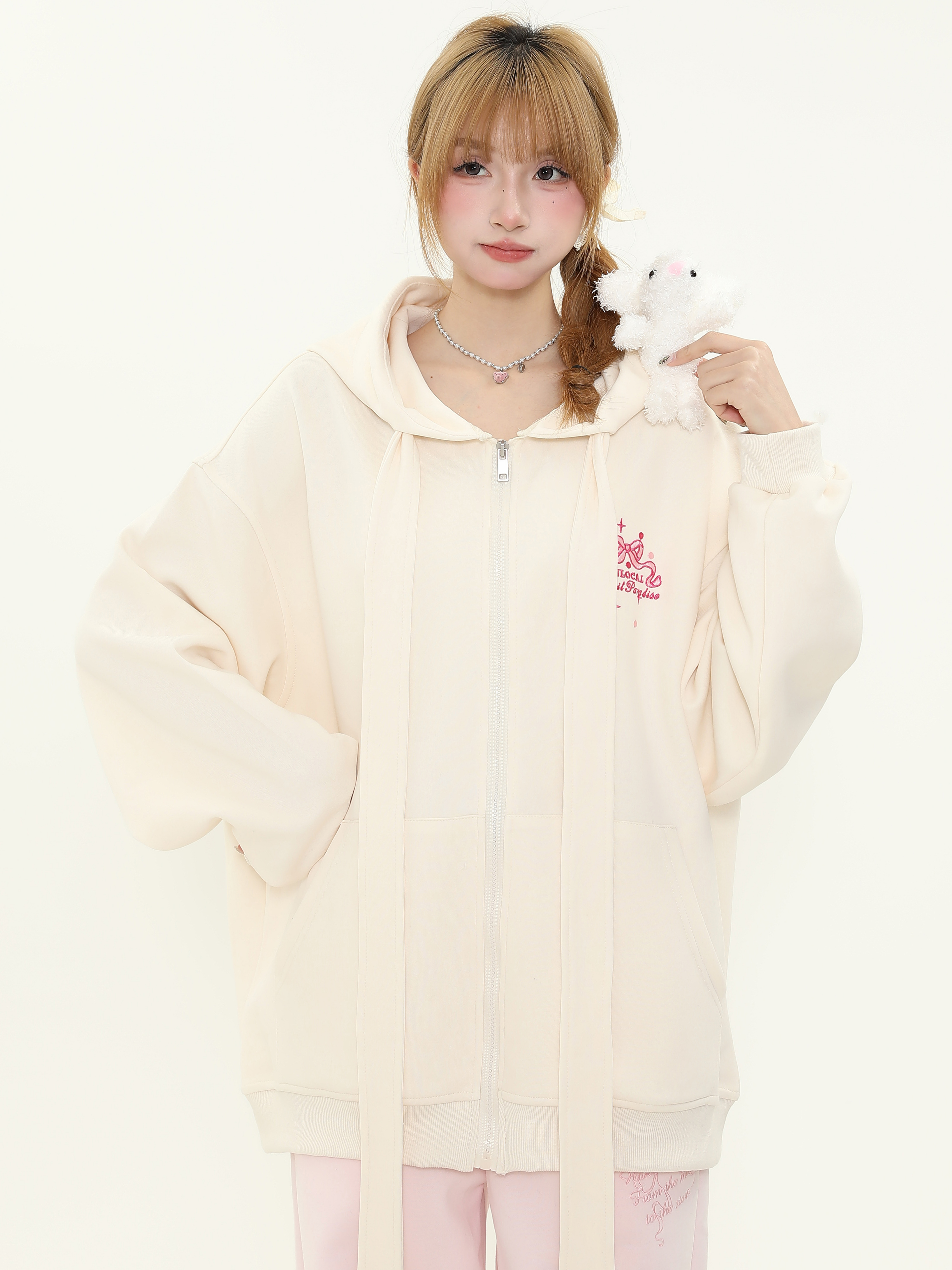 Sweet Milk Style Bow Embroidery Hooded Cardigan Sweatshirt for Women, Loose Zipper Jacket, Casual Spring Autumn Fashion