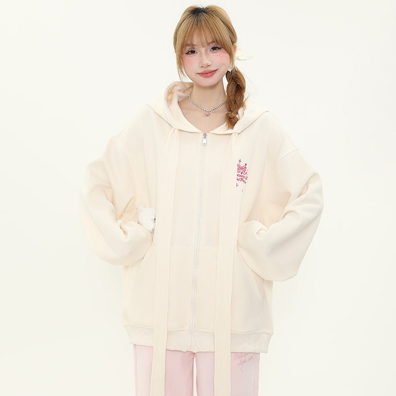Sweet Milk Style Bow Embroidery Hooded Cardigan Sweatshirt for Women, Loose Zipper Jacket, Casual Spring Autumn Fashion