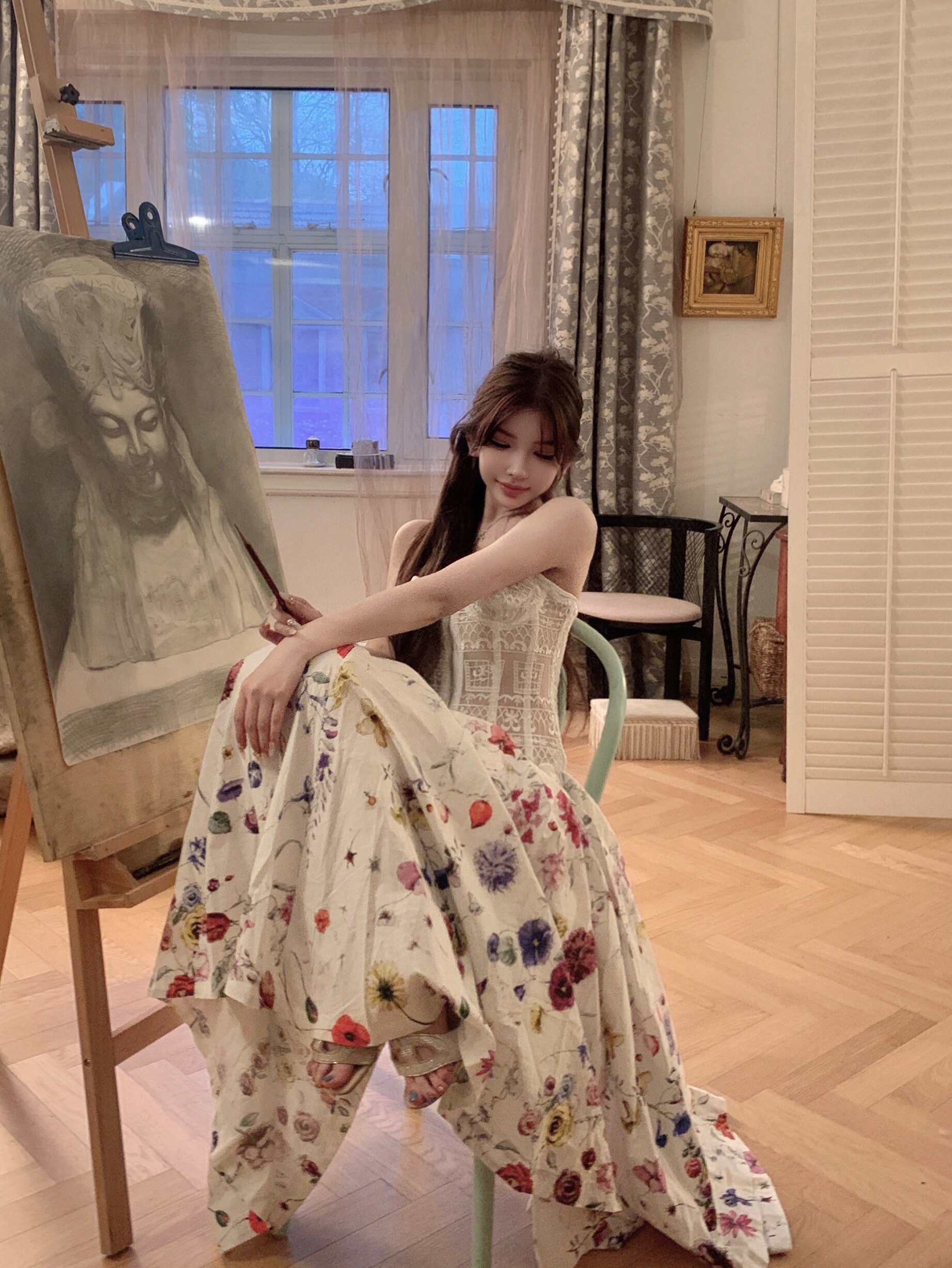 Sweet Romantic Floral Garden Printed Satin Flared Maxi Dress - Strapless Long Dress for 90s Y2K Style