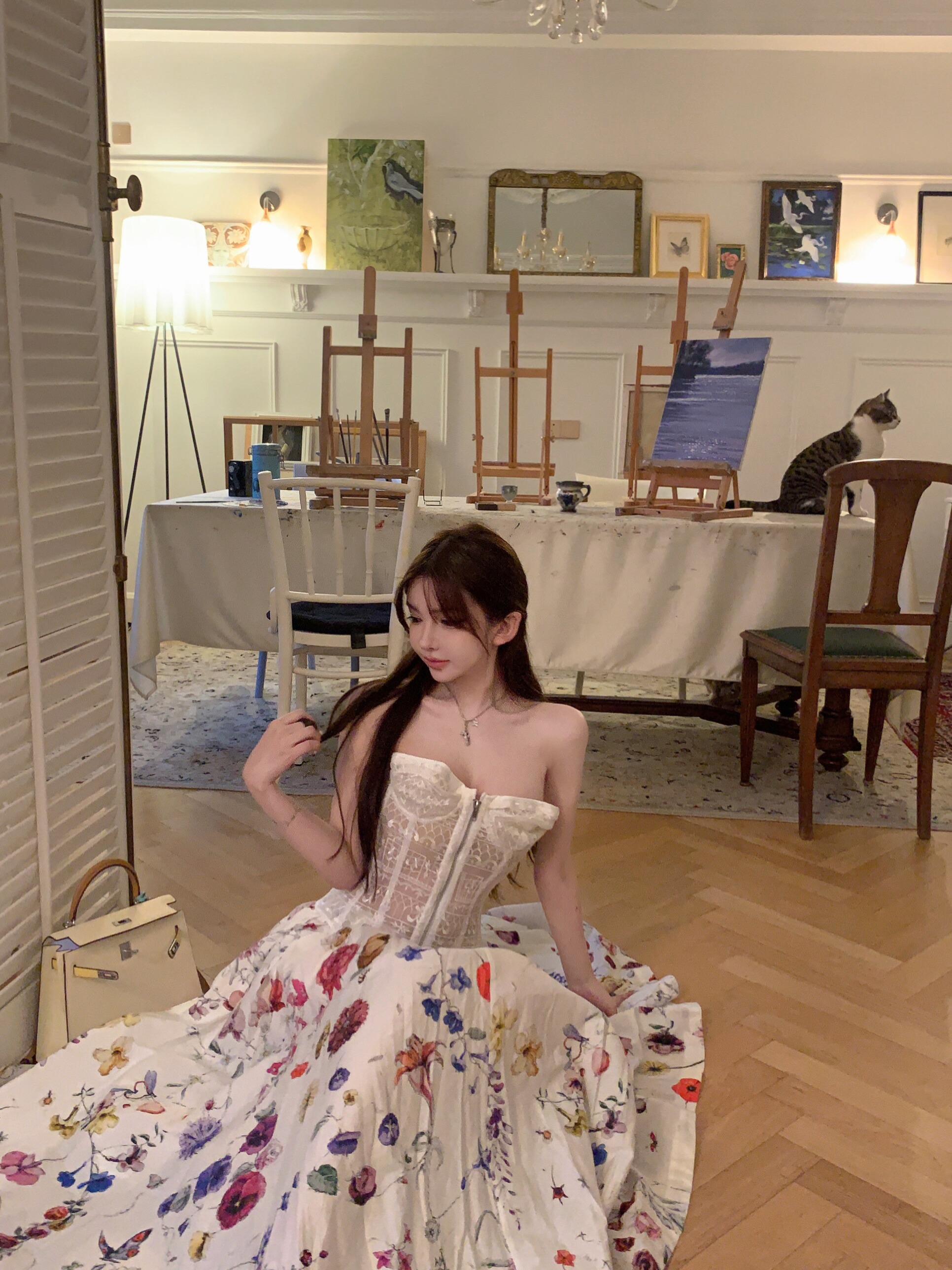 Sweet Romantic Floral Garden Printed Satin Flared Maxi Dress - Strapless Long Dress for 90s Y2K Style Sweet Romantic Floral Garden Printed Satin Flared Maxi Dress - Strapless Long Dress for 90s Y2K Style