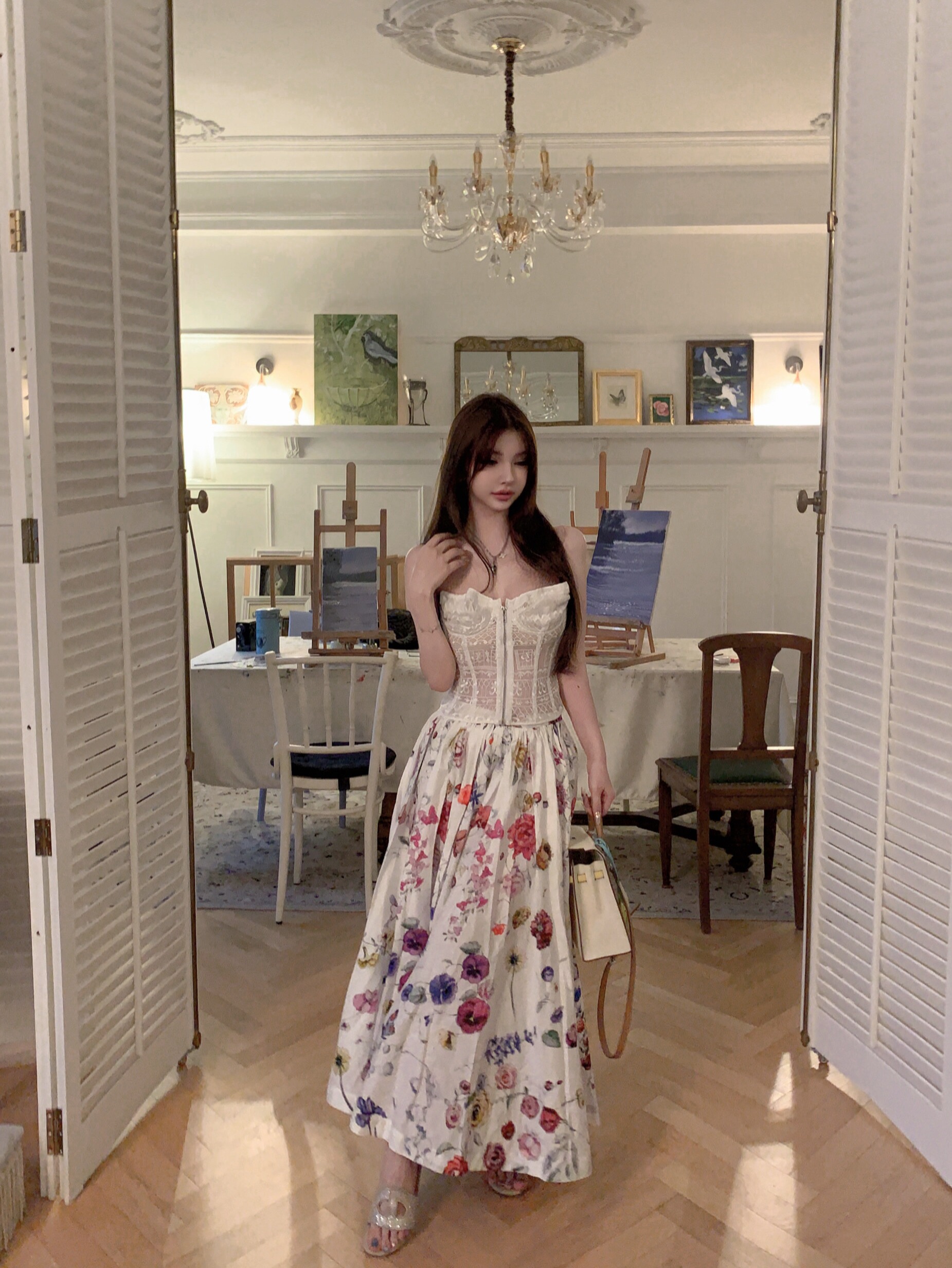 Sweet Romantic Floral Garden Printed Satin Flared Maxi Dress - Strapless Long Dress for 90s Y2K Style Sweet Romantic Floral Garden Printed Satin Flared Maxi Dress - Strapless Long Dress for 90s Y2K Style