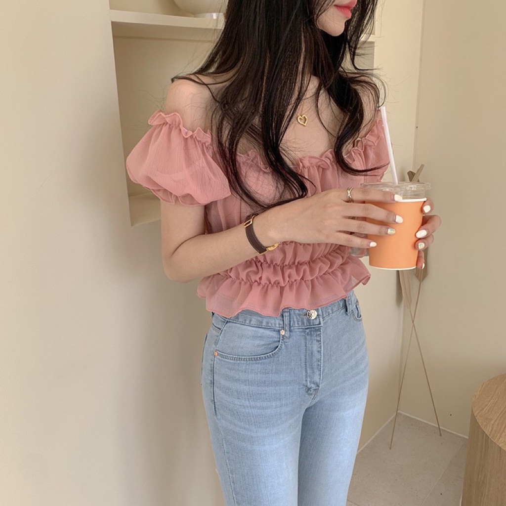 Sweet Shrimp Pink Puff Sleeve Off-Shoulder Ruched Fitted T-Shirt Women's Chiffon Top - Korean Style Fashion Sweet Shrimp Pink Puff Sleeve Off-Shoulder Ruched Fitted T-Shirt Women's Chiffon Top - Korean Style Fashion