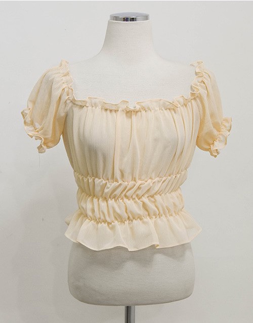 Sweet Shrimp Pink Puff Sleeve Off-Shoulder Ruched Fitted T-Shirt Women's Chiffon Top - Korean Style Fashion Sweet Shrimp Pink Puff Sleeve Off-Shoulder Ruched Fitted T-Shirt Women's Chiffon Top - Korean Style Fashion