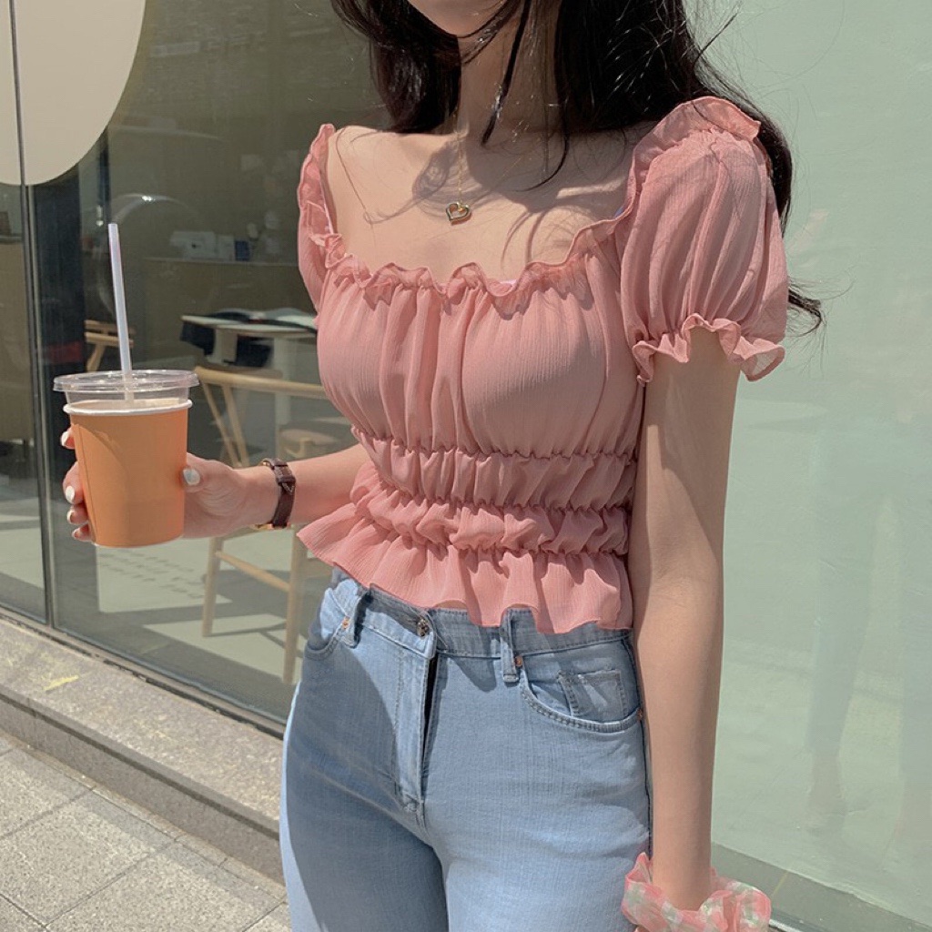 Sweet Shrimp Pink Puff Sleeve Off-Shoulder Ruched Fitted T-Shirt Women's Chiffon Top - Korean Style Fashion Sweet Shrimp Pink Puff Sleeve Off-Shoulder Ruched Fitted T-Shirt Women's Chiffon Top - Korean Style Fashion