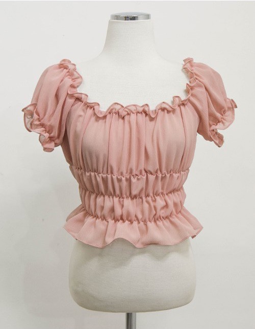 Sweet Shrimp Pink Puff Sleeve Off-Shoulder Ruched Fitted T-Shirt Women's Chiffon Top - Korean Style Fashion Sweet Shrimp Pink Puff Sleeve Off-Shoulder Ruched Fitted T-Shirt Women's Chiffon Top - Korean Style Fashion