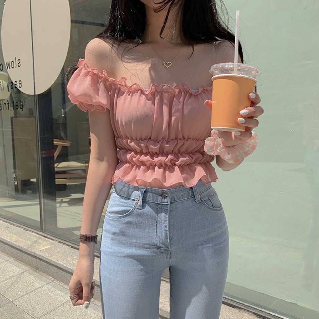 Sweet Shrimp Pink Puff Sleeve Off-Shoulder Ruched Fitted T-Shirt Women's Chiffon Top - Korean Style Fashion