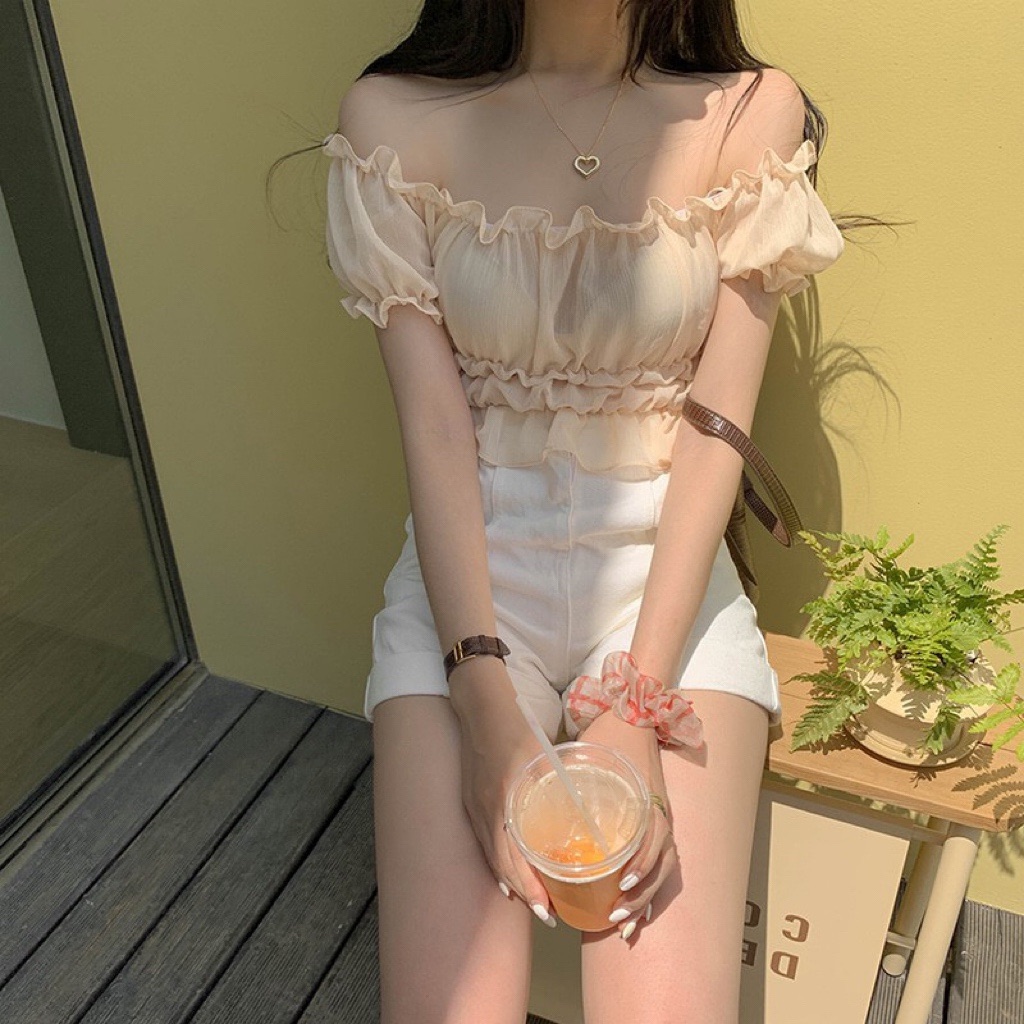 Sweet Shrimp Pink Puff Sleeve Off-Shoulder Ruched Fitted T-Shirt Women's Chiffon Top - Korean Style Fashion Sweet Shrimp Pink Puff Sleeve Off-Shoulder Ruched Fitted T-Shirt Women's Chiffon Top - Korean Style Fashion