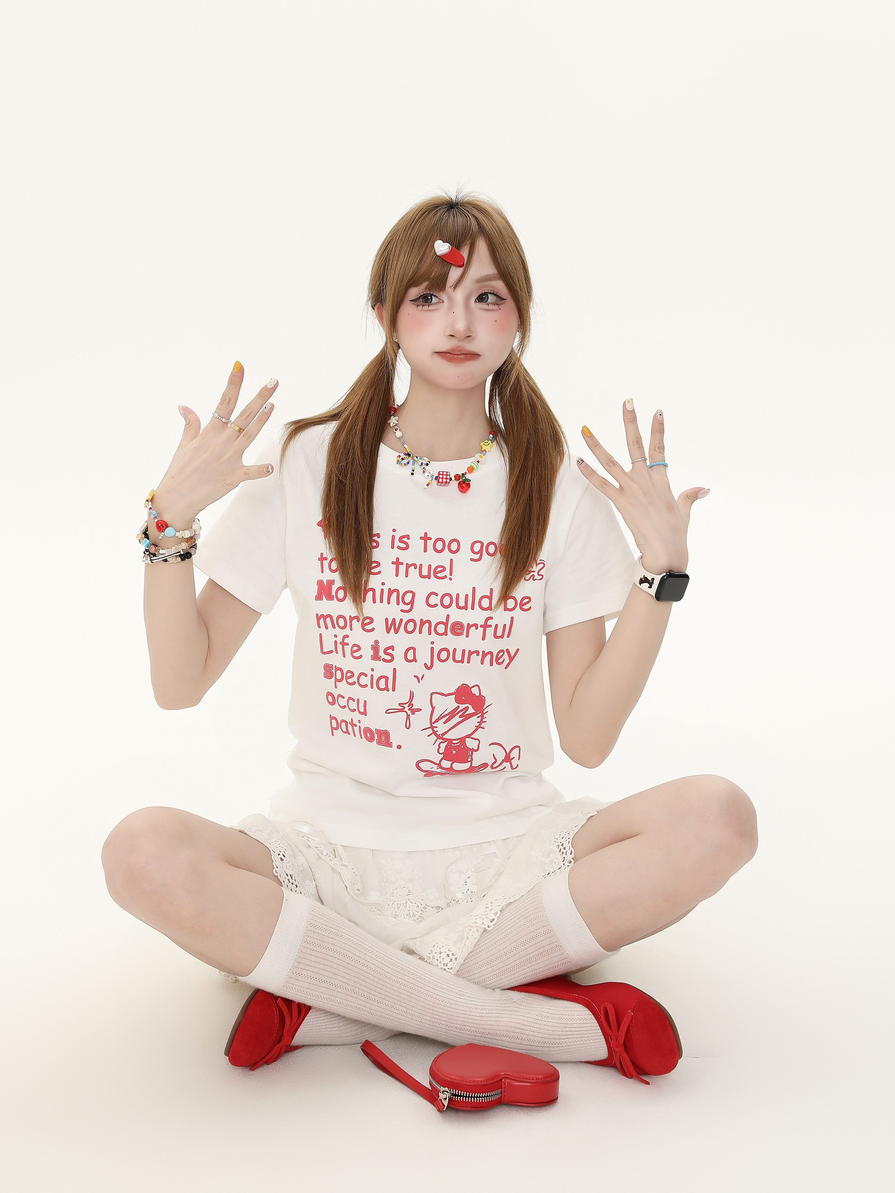 Sweet Wind Kitty Letter Print Short Sleeve T-Shirt for Women - Summer Loose Slimming Versatile Top in Y2K Style