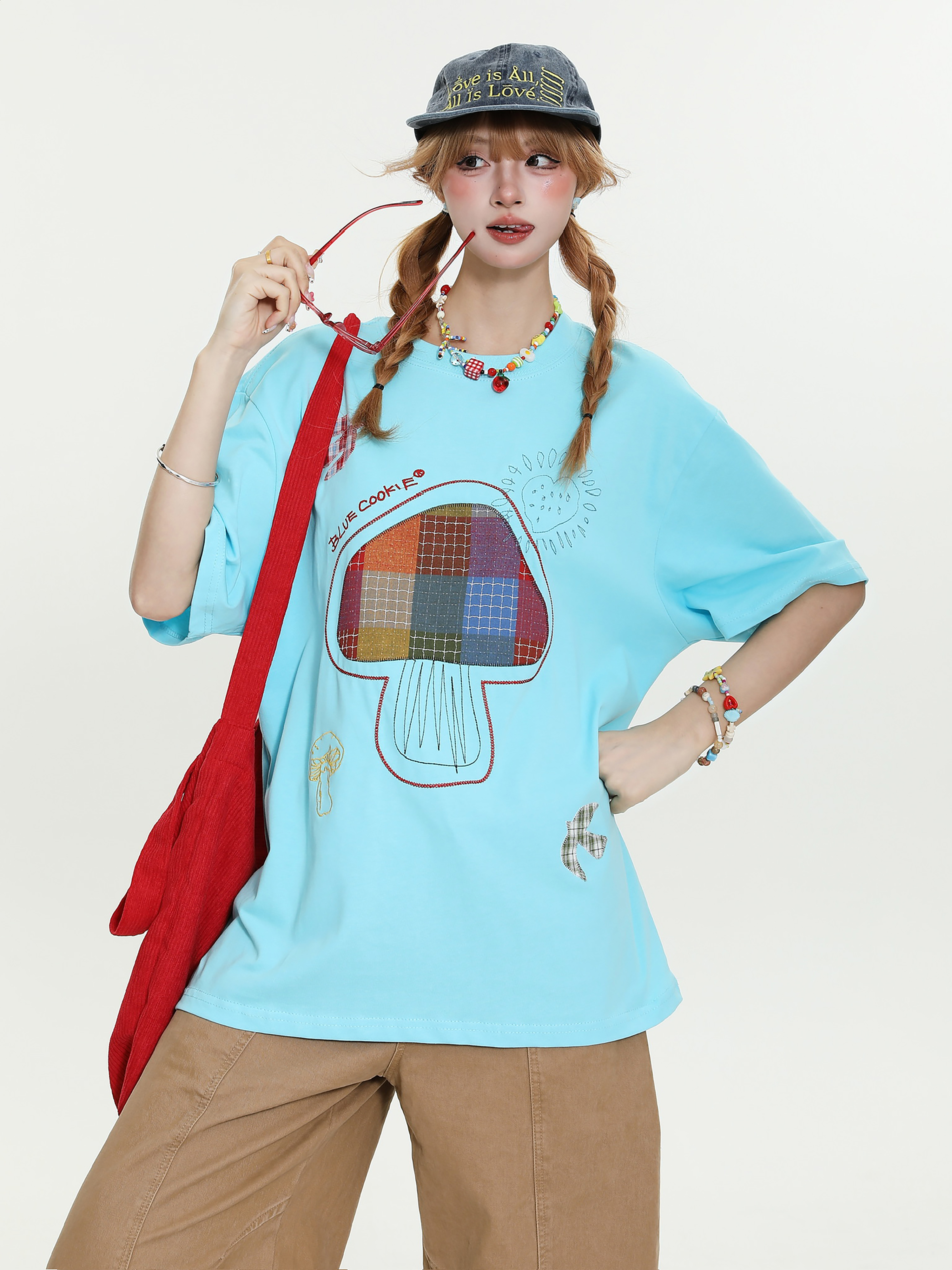 Sweet Wind Mushroom Patch Embroidery Short Sleeve T-Shirt for Women - Summer Loose Slimming Versatile Trendy Top Sweet Wind Mushroom Patch Embroidery Short Sleeve T-Shirt for Women - Summer Loose Slimming Versatile Trendy Top