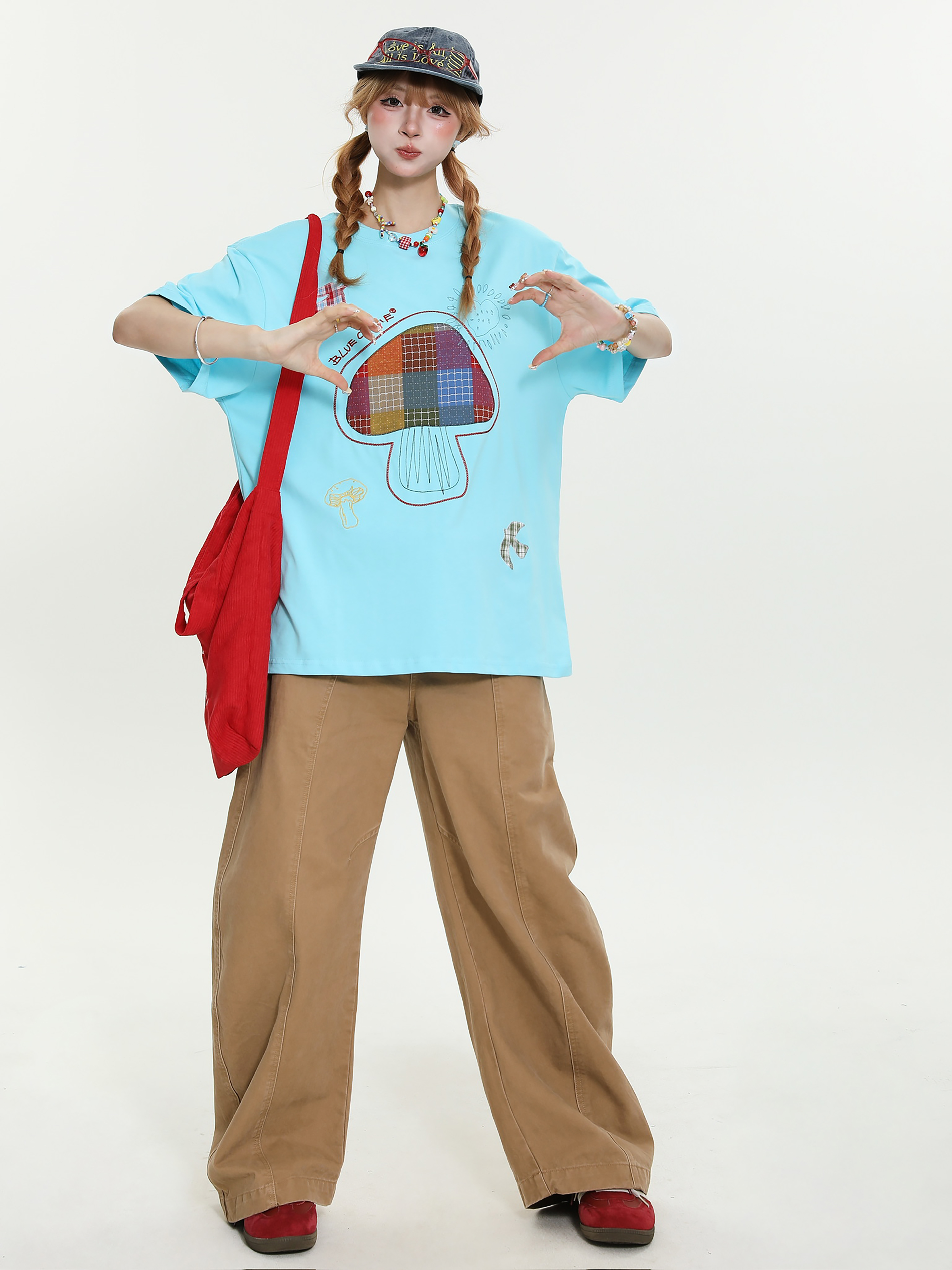 Sweet Wind Mushroom Patch Embroidery Short Sleeve T-Shirt for Women - Summer Loose Slimming Versatile Trendy Top Sweet Wind Mushroom Patch Embroidery Short Sleeve T-Shirt for Women - Summer Loose Slimming Versatile Trendy Top