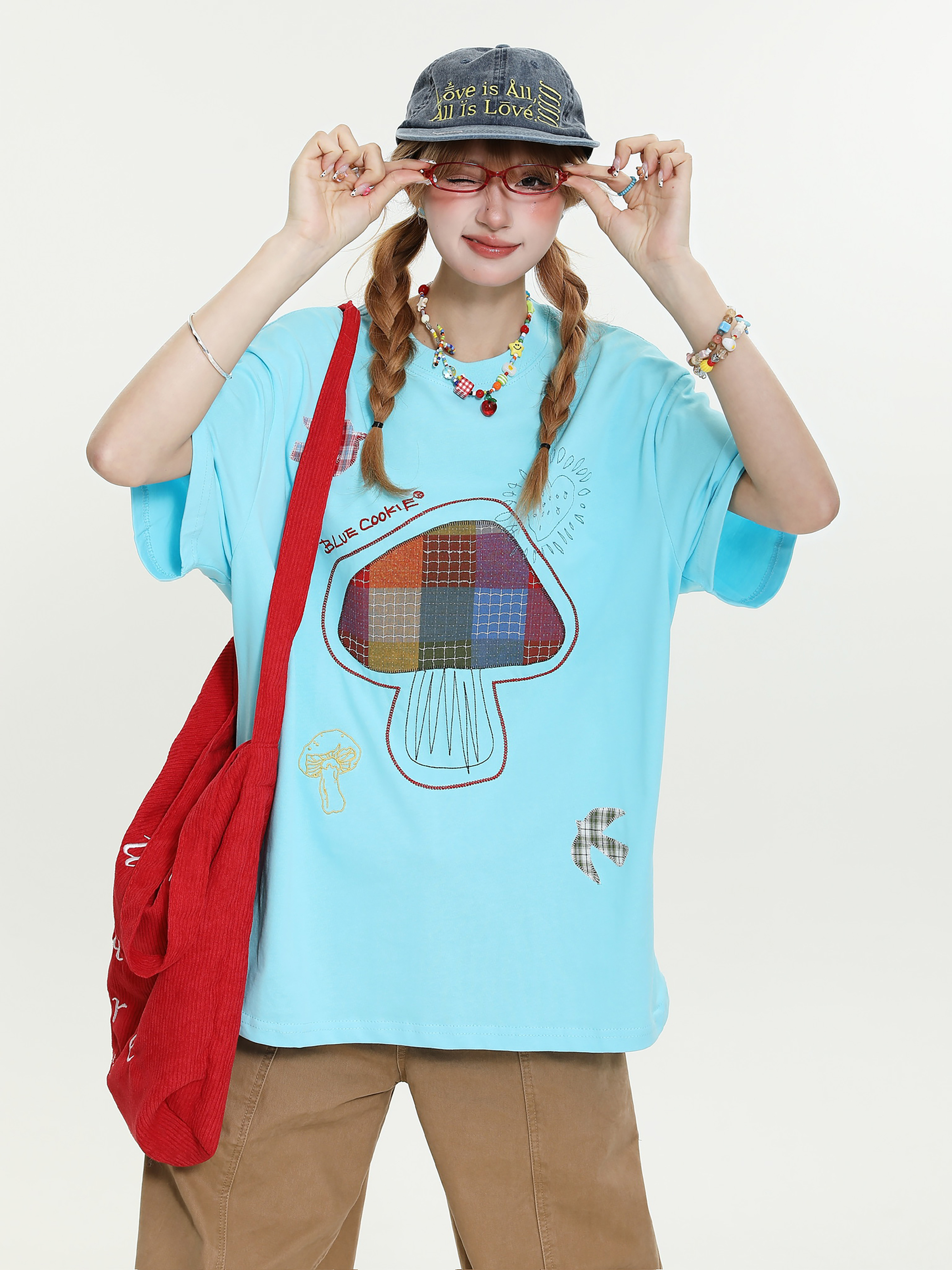 Sweet Wind Mushroom Patch Embroidery Short Sleeve T-Shirt for Women - Summer Loose Slimming Versatile Trendy Top