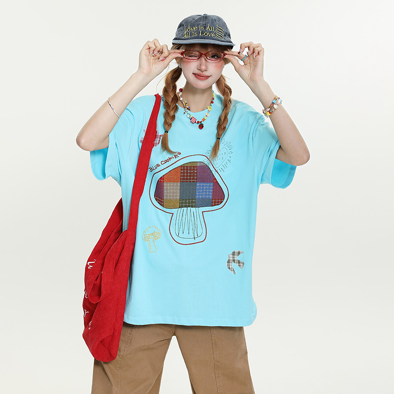 Sweet Wind Mushroom Patch Embroidery Short Sleeve T-Shirt for Women - Summer Loose Slimming Versatile Trendy Top